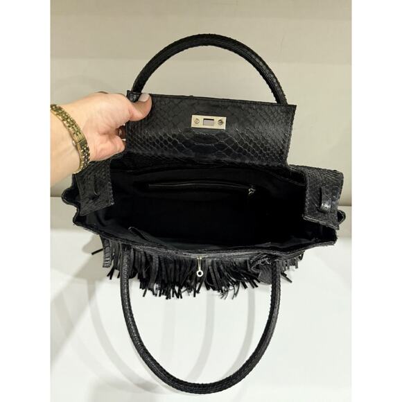 Studio LX Fringe Birkin Snake Black Leather Textured Satchel Handbag - Picture 10 of 11
